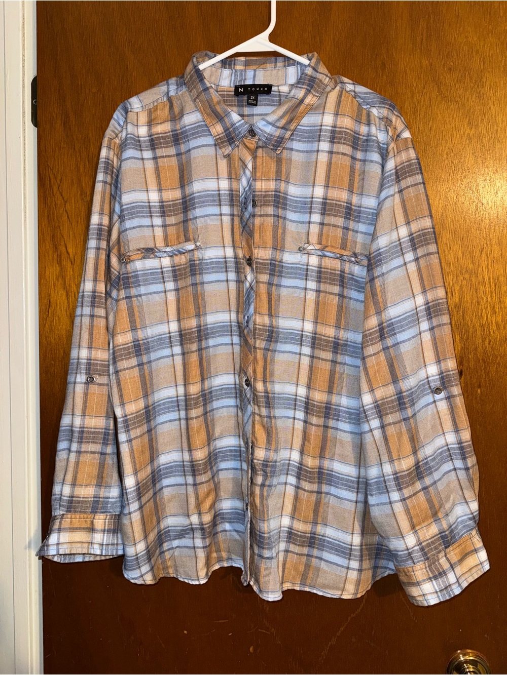 Plaid Button-Up Blouse in Tan & Light gray by